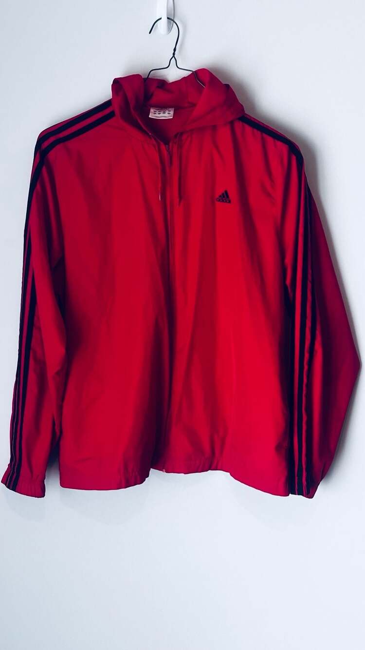Adidas Men's Red 3-Stripe Mesh-Lined Performance Full-Zip Windbreaker Hoodie